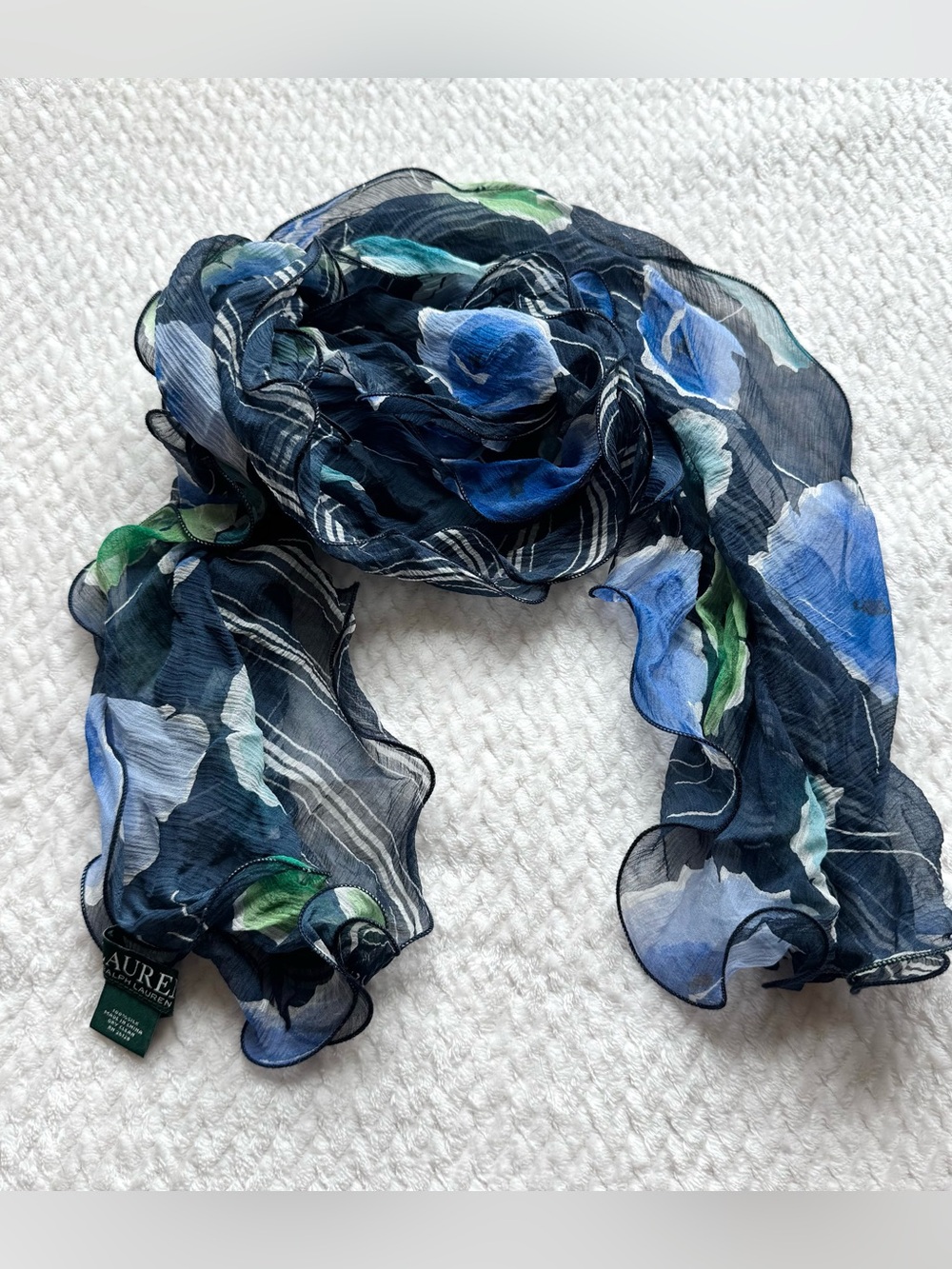 Lauren Ralph Lauren Silk Ruffled Scarf Blue Green Floral Oblong Fairy Cottage